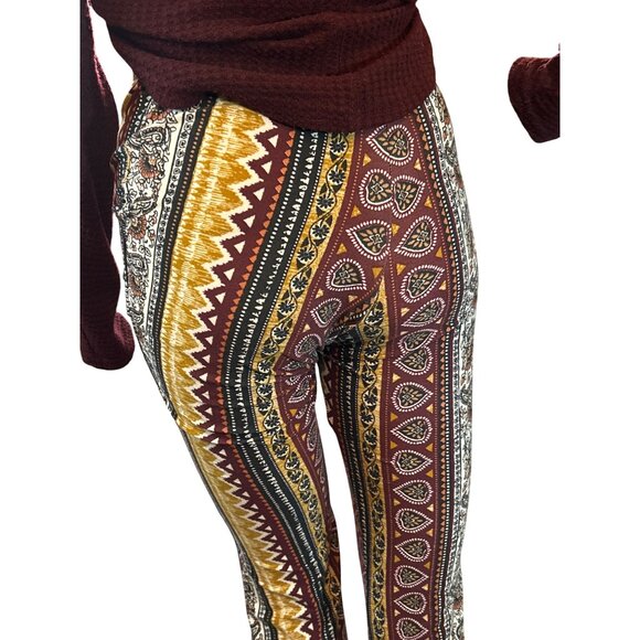 eyecandy Womens Flare Leg Pull On Pants Small Bohemian Print Festival Earthy - Picture 7 of 7